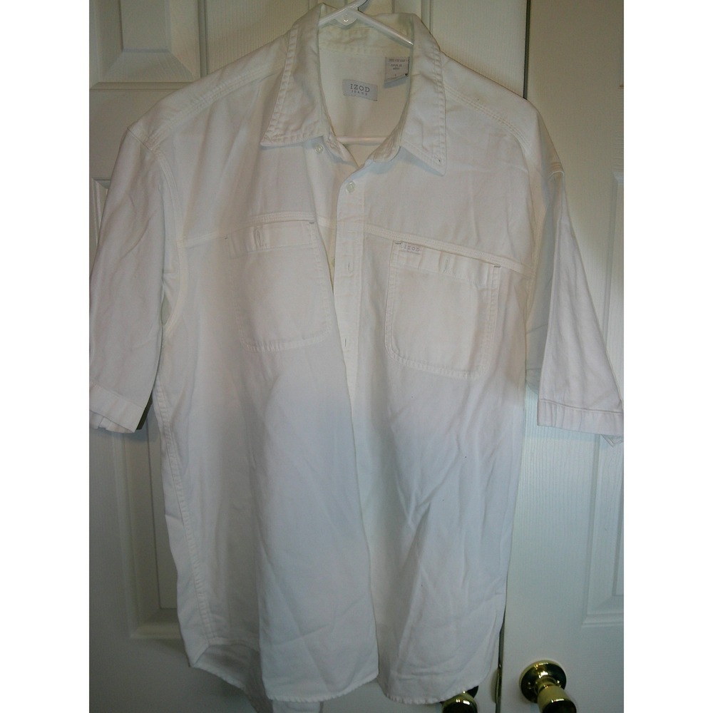 IZOD Jeans White Button Down Shirt Short Sleeve Casual Menswear Size‎ L